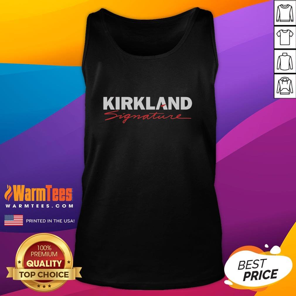 nice-kirkland-signature-costco-wholesale-corporation-tank-top Alt Text: Kirkland Signature Costco Wholesale Corporation tank top displayed on a hanger with a vibrant design.