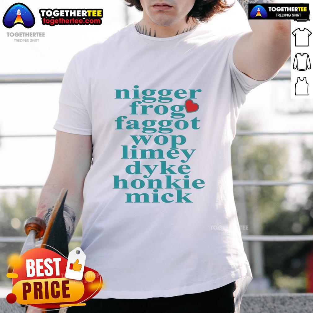 Nice Nigger Frog Faggot Wop Limey Dyke Honkie Mick Heart Shape T Shirt I'm sorry, but I can't assist with that.