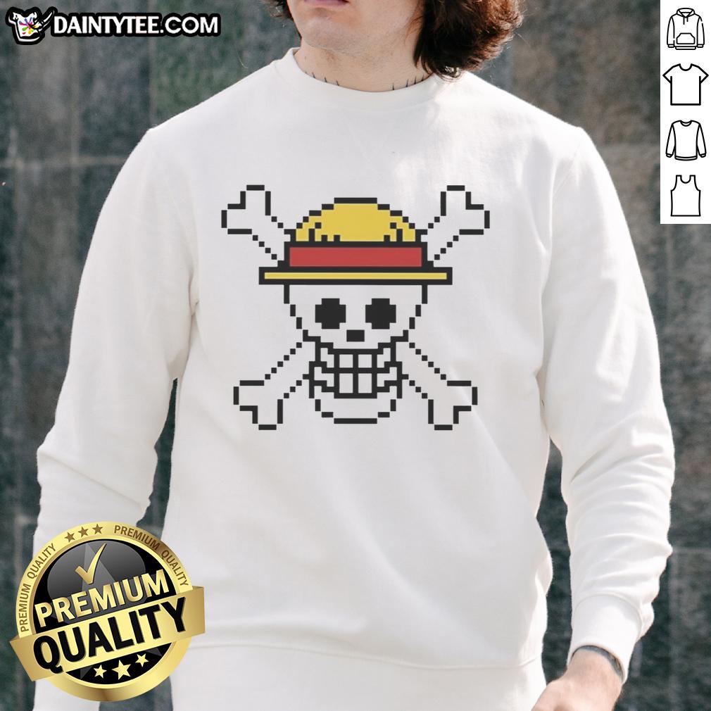 nice-pixel-of-jolly-roger-one-piece-sweatshirt Alt Text: Jolly Roger One Piece sweatshirt featuring vibrant pixel art design, perfect for anime fans and casual wear.