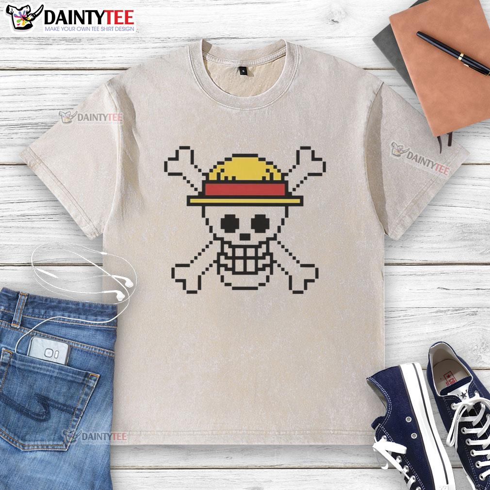 nice-pixel-of-jolly-roger-one-piece-washed-t-shirt Jolly Roger One Piece washed t-shirt with vibrant pixel art design, perfect for anime fans and casual wear.