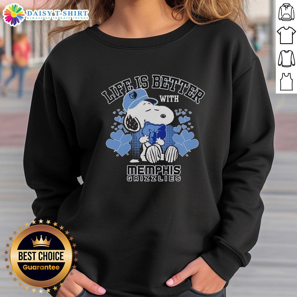 Nice Snoopy Holding Memphis Grizzlies Logo Life Is Better With Memphis Grizzlies Sweatshirt Snoopy wearing a Memphis Grizzlies sweatshirt with 'Life is Better with Memphis Grizzlies' slogan.