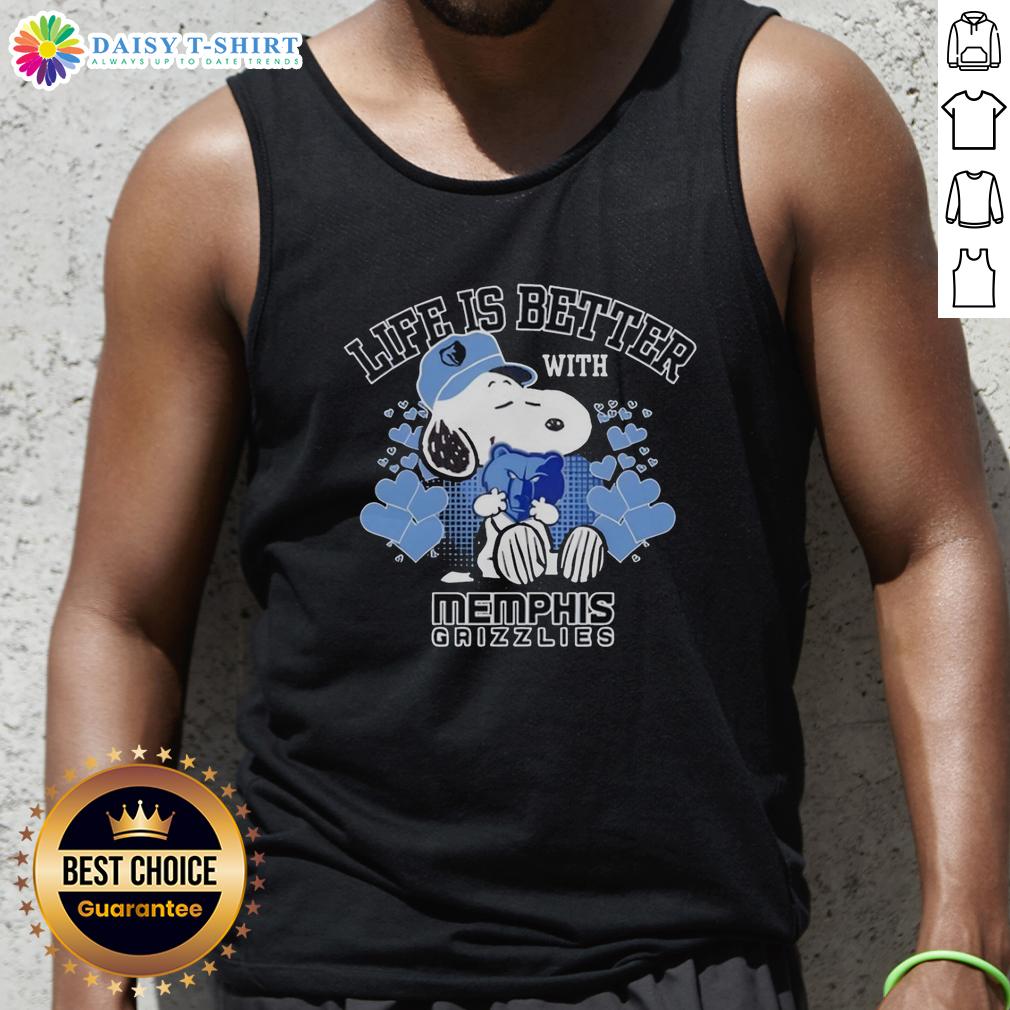 Nice Snoopy Holding Memphis Grizzlies Logo Life Is Better With Memphis Grizzlies Tank Top Alt Text: Cute Snoopy wearing a tank top with Memphis Grizzlies logo, showcasing Life is Better with Memphis Grizzlies design.