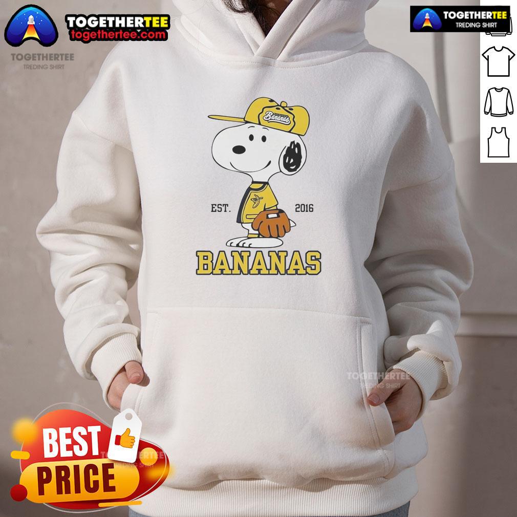 Nice Snoopy Wearing Savannah Bananas Outfit Est 2016 Hoodie Snoopy in a Savannah Bananas hoodie, celebrating the team's style and spirit since 2016. Cute cartoon character fashion.