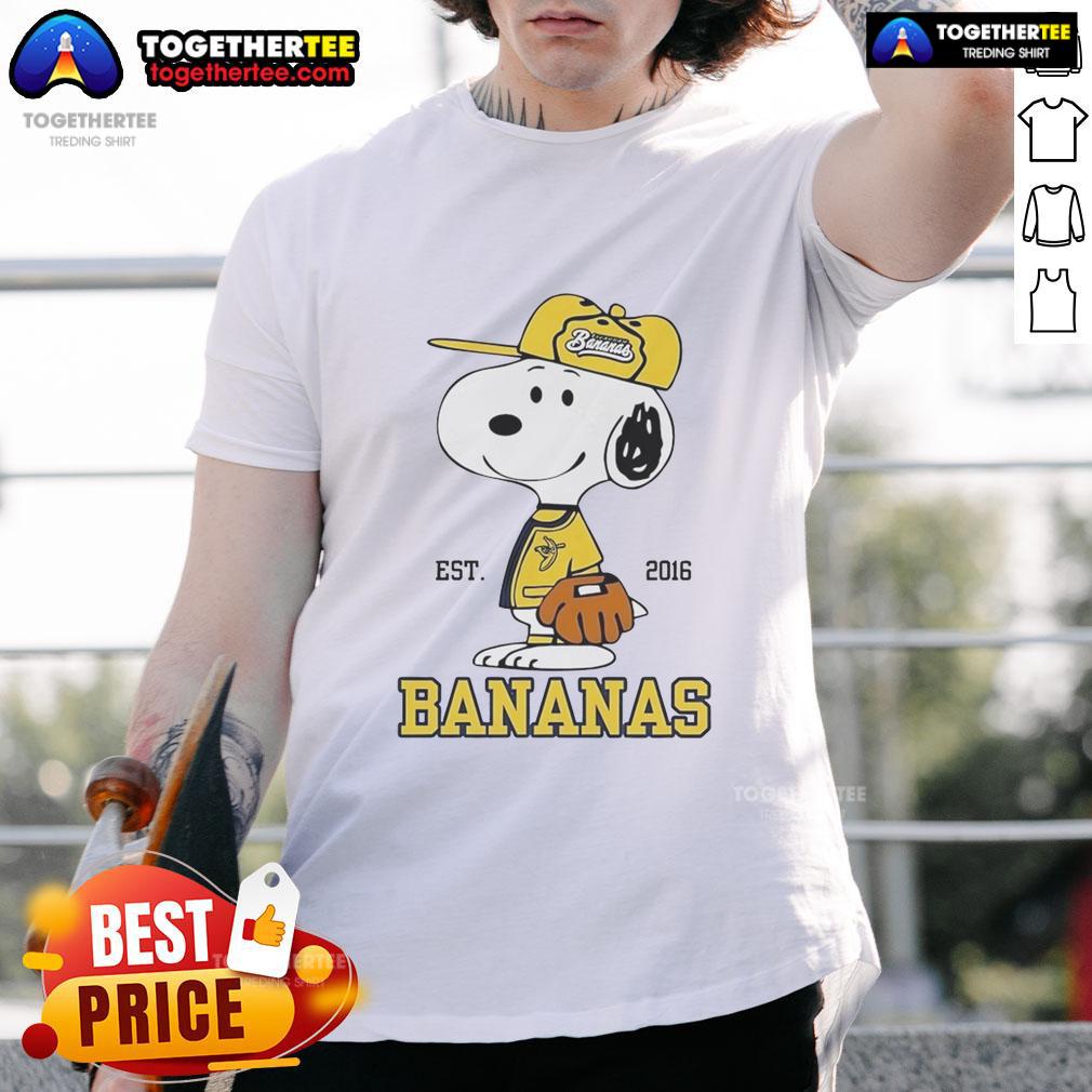 Nice Snoopy Wearing Savannah Bananas Outfit Est 2016 T Shirt Alt Text: Cute Snoopy in Savannah Bananas outfit, Est 2016, on a trendy t-shirt for fans of baseball and classic cartoons.
