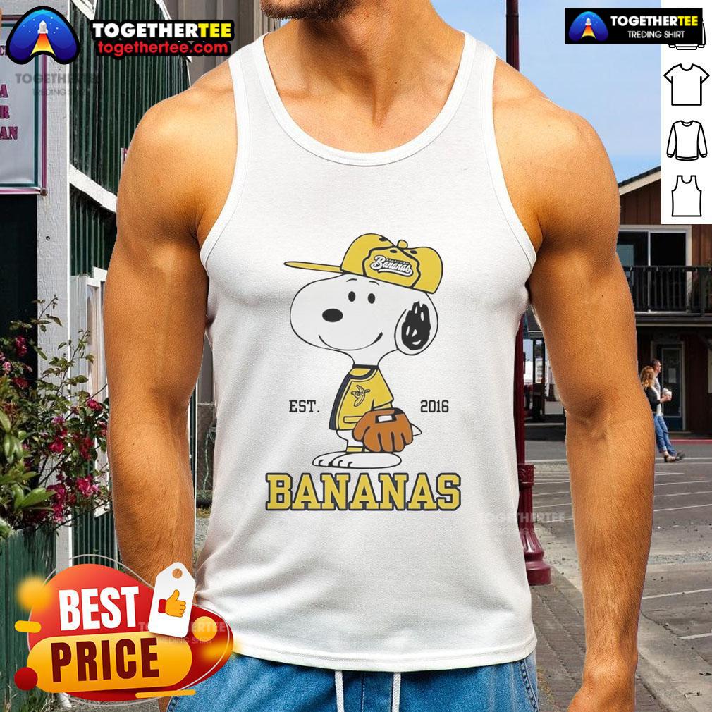 Nice Snoopy Wearing Savannah Bananas Outfit Est 2016 Tank Top Snoopy in a Savannah Bananas outfit, wearing a tank top with 'Est. 2016' design, showcasing playful sportswear style.