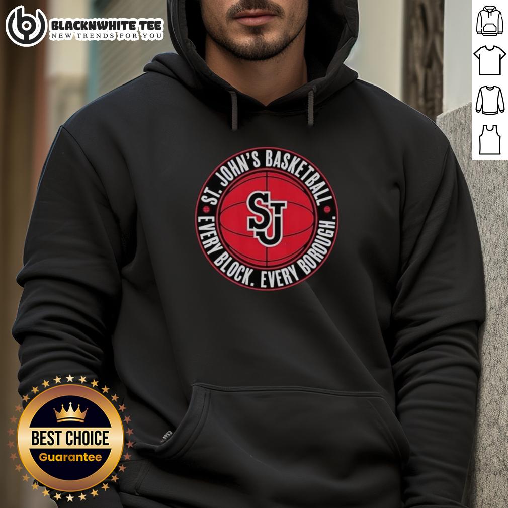 Nice St. John'S Basketball Every Block Every Borough Hoodie Nice St. Johns Basketball Every Block Every Borough hoodie in black, showcasing urban basketball culture and style.