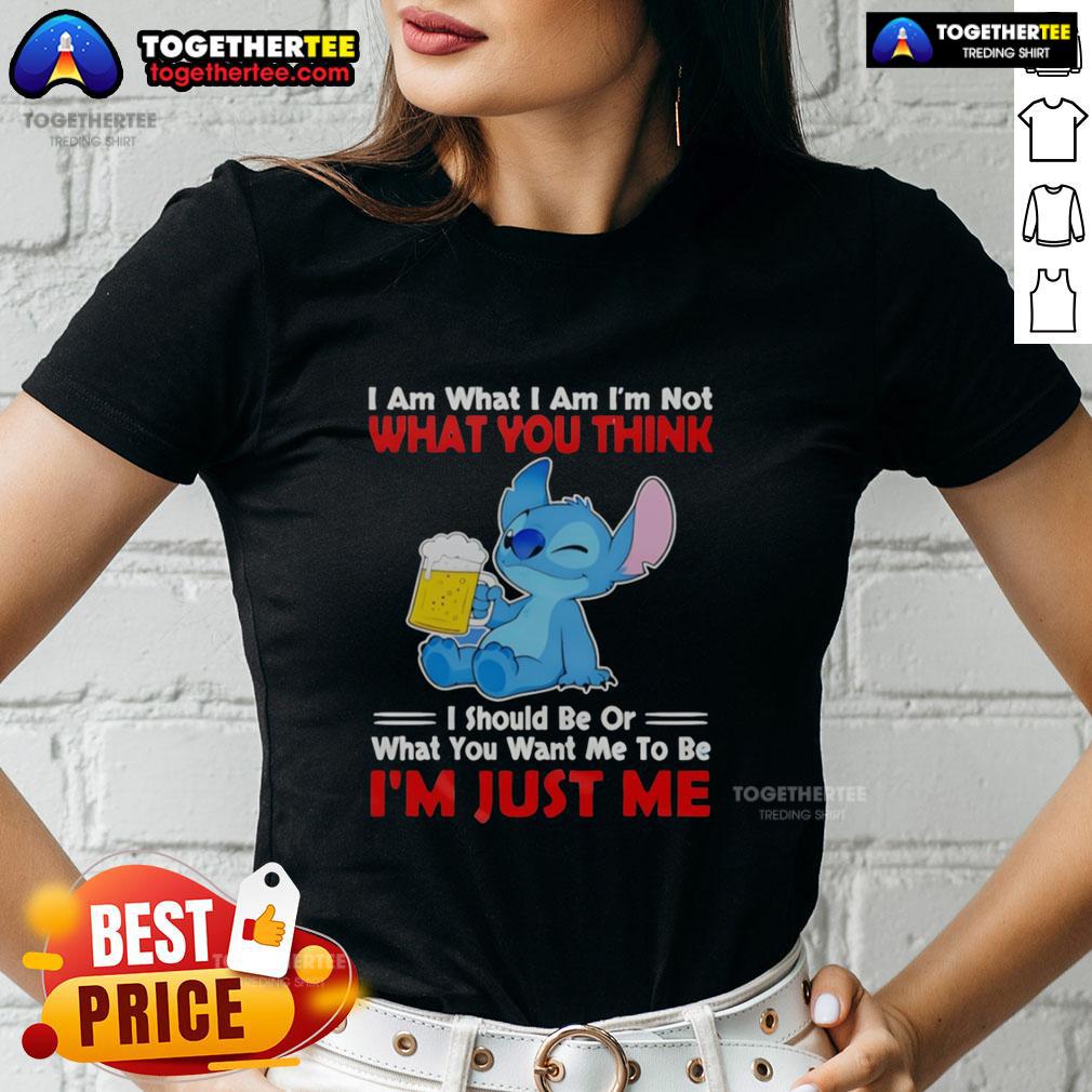 Nice Stitch Holding Beerr Mug I Am What I Am I'm Not What You Think I Should Be Ladies-Tee Nice stitch holding beer mug on 'I Am What I Am' ladies tee, perfect for casual outings and beer lovers.