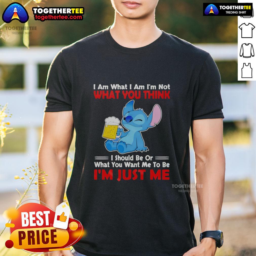 Nice Stitch Holding Beerr Mug I Am What I Am I'm Not What You Think I Should Be T-Shirt Alt Text: Nice Stitch character holding beer mug on 'I Am What I Am I'm Not What You Think I Should Be' T-shirt.