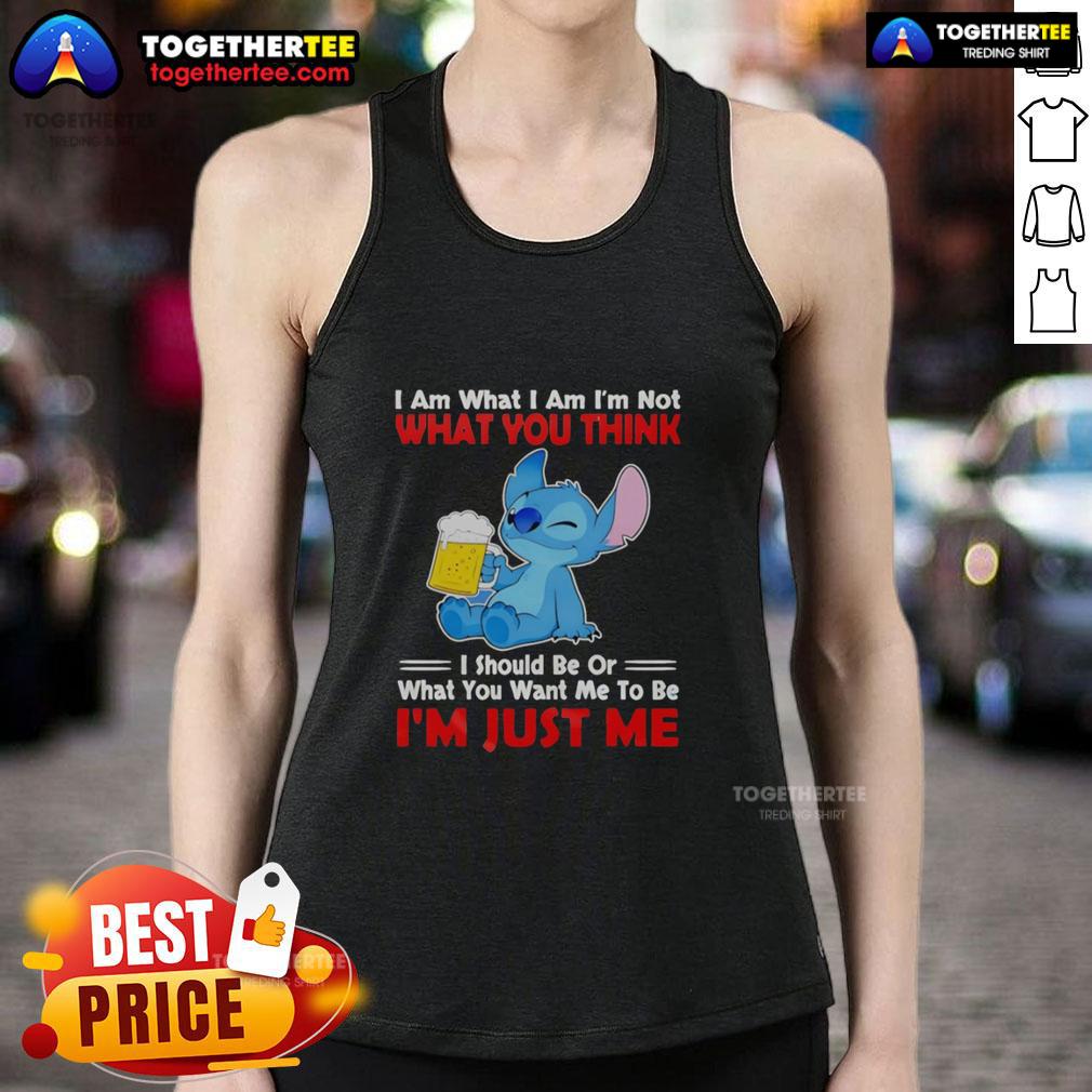 Nice Stitch Holding Beerr Mug I Am What I Am I'm Not What You Think I Should Be Tank Top Nice stitch holding beer mug tank top with 'I am what I am, I'm not what you think I should be' design.