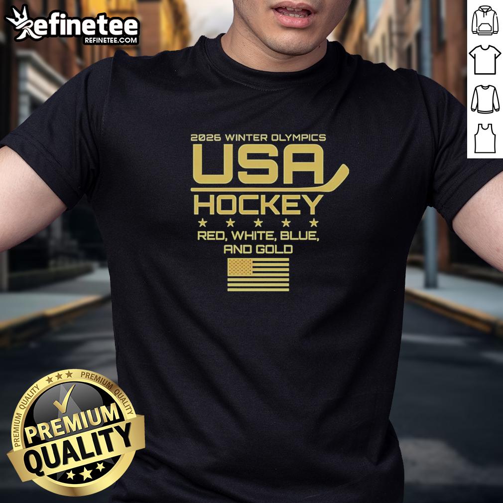 nice-usa-hockey-2026-winter-olympics-red-white-blue-and-gold-t-shirt Red, white, and blue USA Hockey 2026 Winter Olympics T-shirt with gold accents, perfect for fans and supporters.