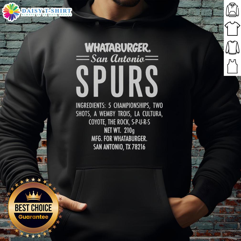 Nice Whataburger San Antonio Spurs Ingredients 5 Championships Two Shots A Wemby Trois La Cultura Hoodie Alt Text: Whataburger San Antonio Spurs hoodie featuring 5 championships, Wemby Trois design, and vibrant cultural artwork.