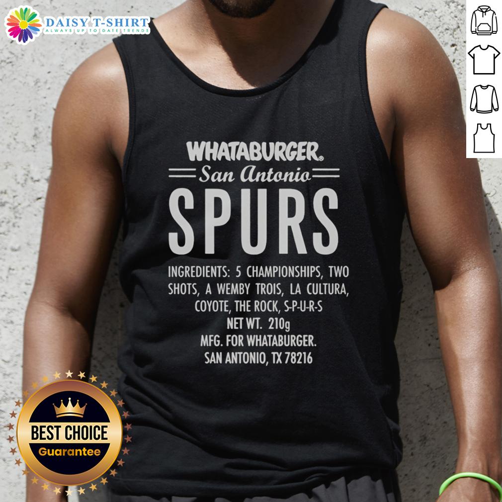 Nice Whataburger San Antonio Spurs Ingredients 5 Championships Two Shots A Wemby Trois La Cultura Tank Top Nice Whataburger San Antonio Spurs tank top featuring 5 championships and Wemby Trois La Cultura design.