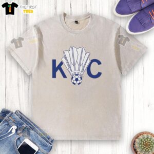 Alt Text: Pretty KC Soccer Shuttlecock Logo on a Washed T-Shirt, showcasing a trendy design for sports enthusiasts.