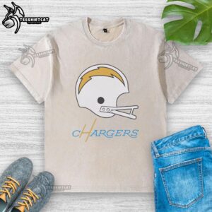 Alt Text: Hot Los Angeles Chargers football logo on a big helmet graphic featured on a stylish washed t-shirt design.