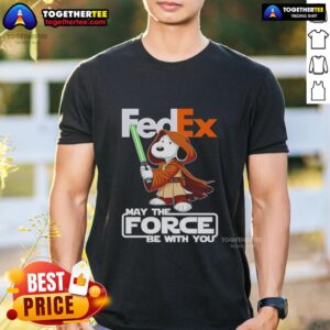 Alt Text: Snoopy FedEx t-shirt featuring 'May the Force Be With You' design, perfect for fans of fun and unique apparel.