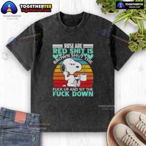 Vintage washed t-shirt featuring Snoopy with 'Roses are red, shit is brown' graphic, perfect for casual wear.