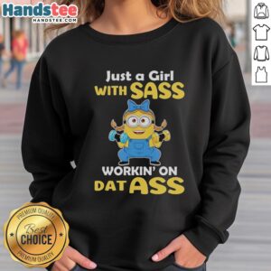 Alt Text: Premium Minion Weightlifting sweatshirt featuring 'Just a Girl with Sass' design, perfect for fitness enthusiasts.