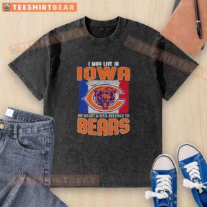 Alt Text: Chicago Bears football flag t-shirt, perfect for game day, showcasing pride for the team while living in Iowa.