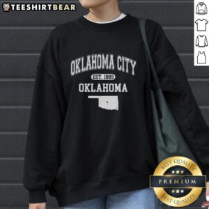 Alt Text: Premium Oklahoma City Oklahoma Est 1889 varsity sweatshirt featuring a stylish design and comfortable fit.
