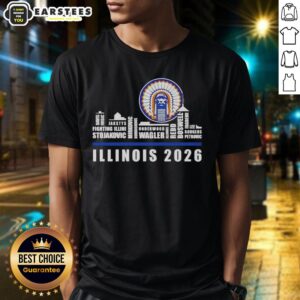 Hot Illinois Fighting Illini NCAA Basketball 2026 player skyline T-shirt featuring vibrant team colors and design.