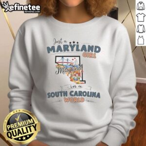 Alt Text: Maryland girl sweatshirt featuring South Carolina map outline, perfect for proud residents and travelers.