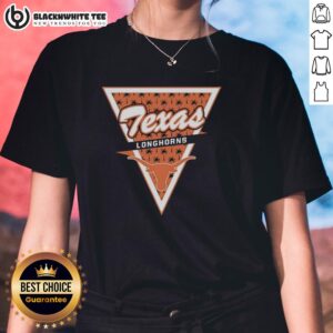 Hot Texas Longhorns logo with palm tree pattern in a triangle design on a ladies tee shirt, perfect for casual wear.