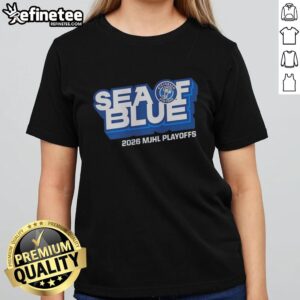 Original Steinbach Pistons Sea of Blue 2026 MJHL Playoff Ladies Tee featuring team logo and vibrant blue design.