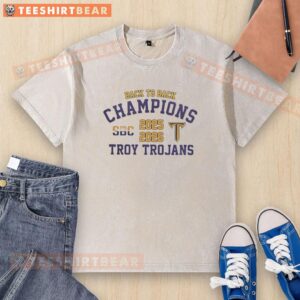 Top Troy Trojans back-to-back 2025-2026 SBC Womens Basketball Champions washed t-shirt displayed on a hanger.