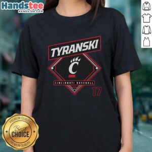 Stylish Nice Ryan Tyranski Cincinnati Bearcats baseball ladies tee featuring team colors and logo.