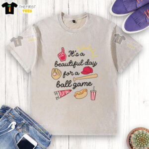 Washed t-shirt featuring 'It's a Beautiful Day for a Ball Game' design, perfect for baseball fans and casual outings.