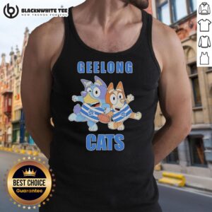Awesome Bluey Bingo Geelong Cats football fans in stylish rugby outfits and tank tops celebrating at a game.