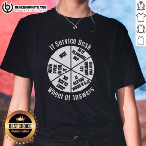 Top It Service Desk Wheel of Answer Ladies Tee featuring a colorful design for tech support professionals.