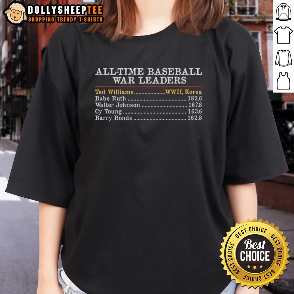 Official All-Time Baseball War Leaders Ted Williams Wwii Korea Babe Ruth Walter Johnson Cy Barry Bonds Ladies-Tee