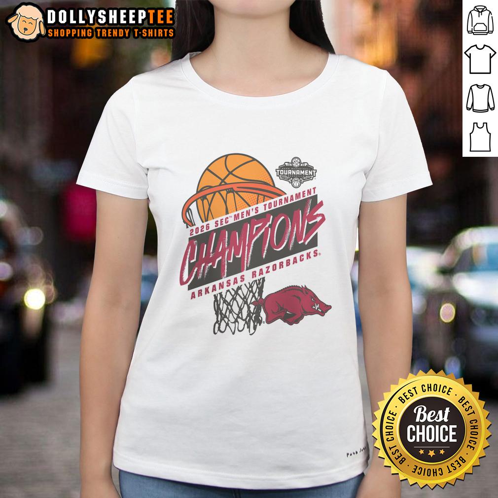 Official Arkansas Razorbacks 2026 Sec Men's Basketball Tournament Champions Ladies-Tee Official Arkansas Razorbacks 2026 SEC Men's Basketball Tournament Champions ladies tee featuring team colors and logo.