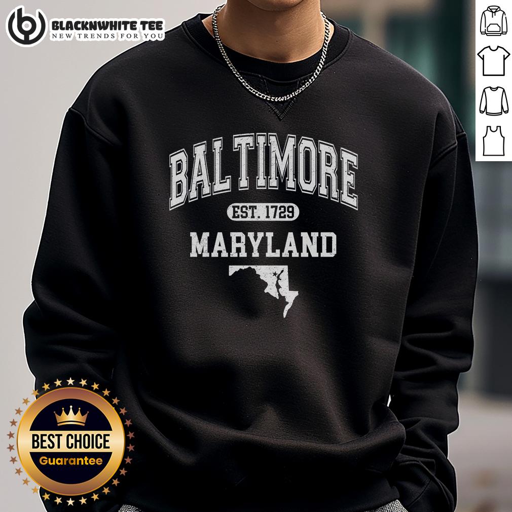 Official Baltimore Maryland Est. 1729 Varsity Sweatshirt Official Baltimore Maryland Est. 1729 varsity sweatshirt in navy blue, showcasing school pride and classic style.