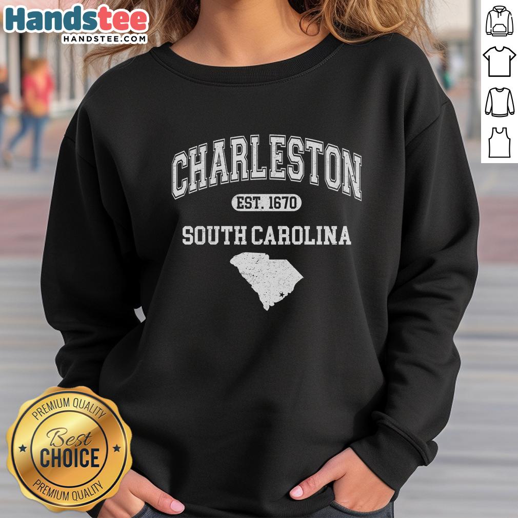 official-charleston-south-carolina-est-1670-varsity-sweatshirt Official Charleston South Carolina Est. 1670 varsity sweatshirt in navy blue with vintage design and logo.