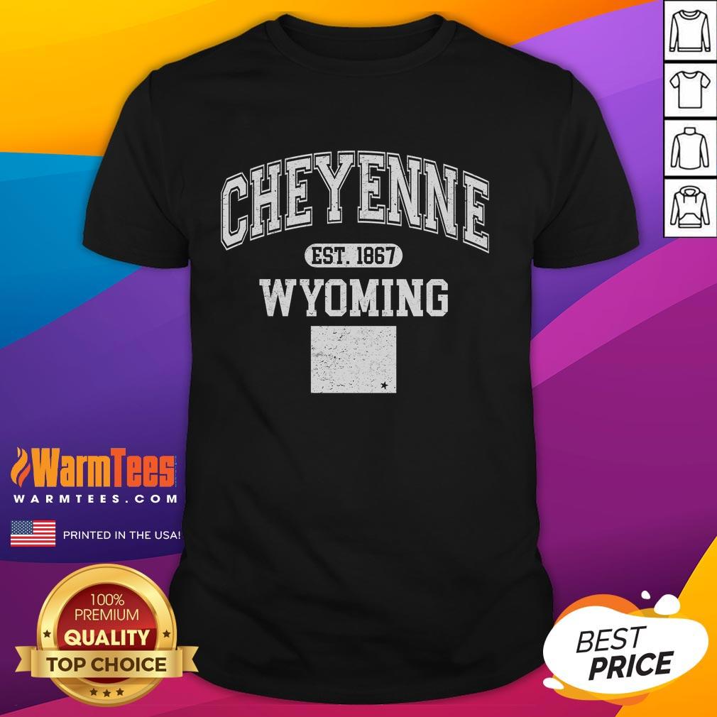 official-cheyenne-wyoming-est-1867-varsity-t-shirt Official Cheyenne Wyoming Est 1867 Varsity T-Shirt featuring a vintage design and bold lettering for Wyoming pride.