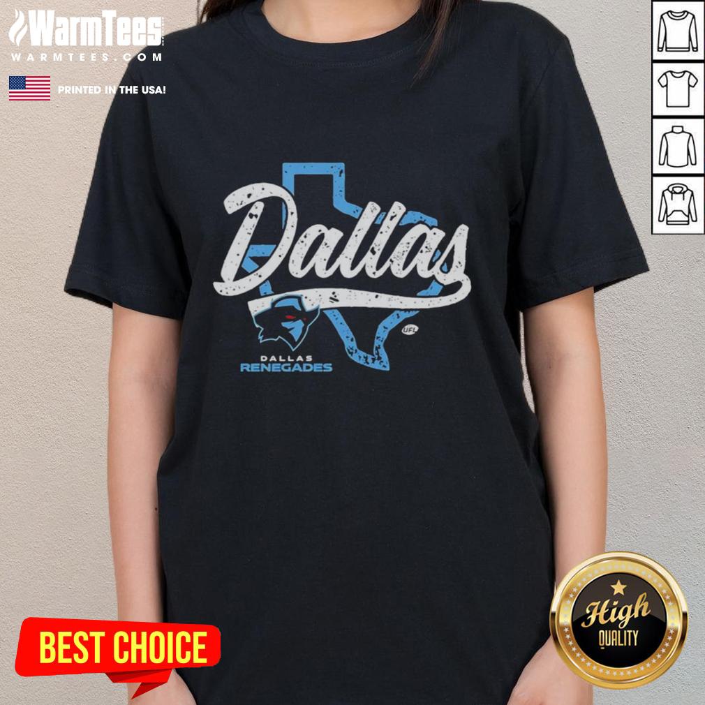official-dallas-renegades-ufl-state-outline-ladies-tee Alt Text: Official Dallas Renegades UFL State Outline Ladies Tee featuring team logo and stylish design for fans.