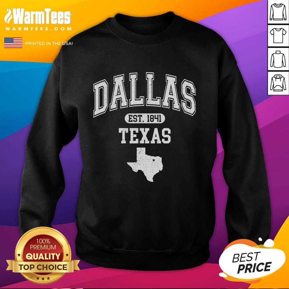 official-dallas-texas-est-1841-varsity-sweatshirt Official Dallas Texas Est 1841 varsity sweatshirt in navy featuring bold lettering and a comfortable fit for casual wear.