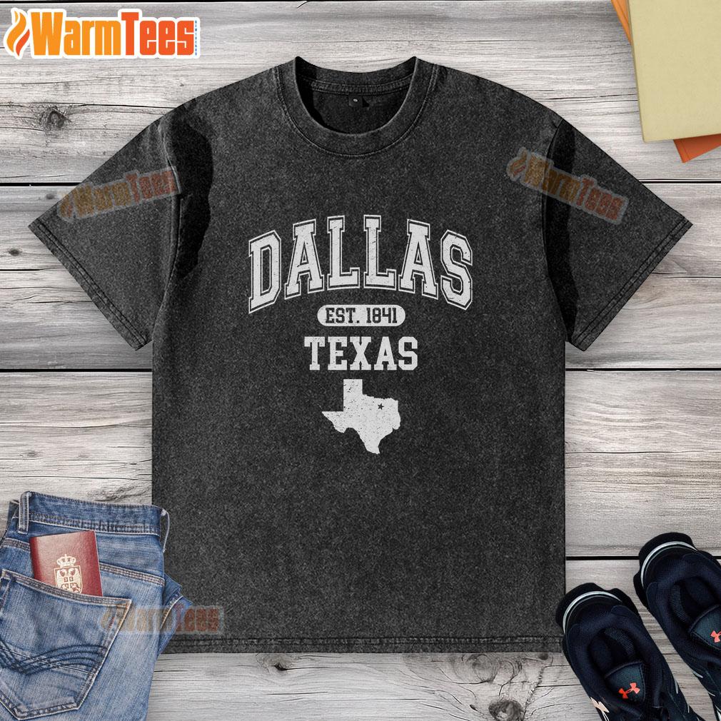 official-dallas-texas-est-1841-varsity-washed-t-shirt Official Dallas Texas Est 1841 Varsity Washed T-Shirt in casual style, showcasing Texas pride and comfort.