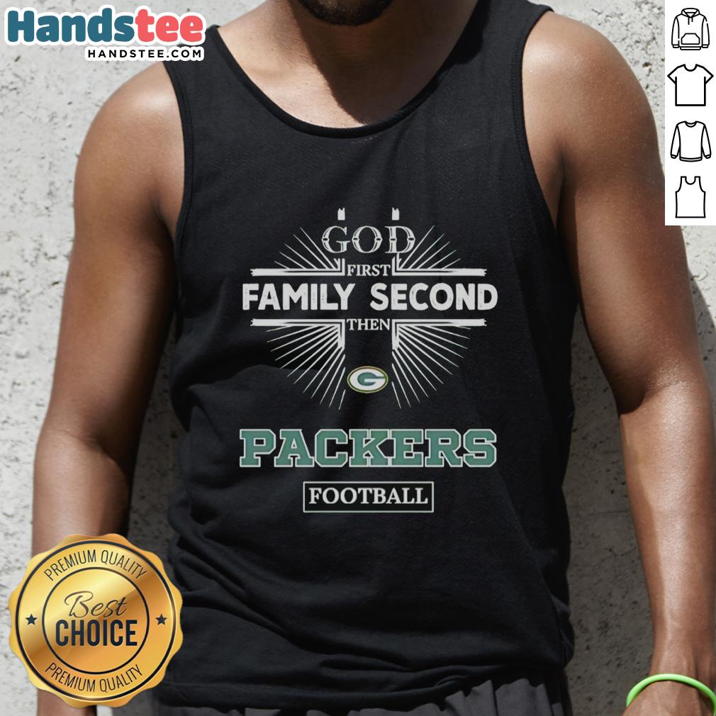 official-green-bay-packers-god-first-family-second-then-packers-football-tank-top Official Green Bay Packers tank top featuring 'God First, Family Second, Then Packers Football' design for fans.