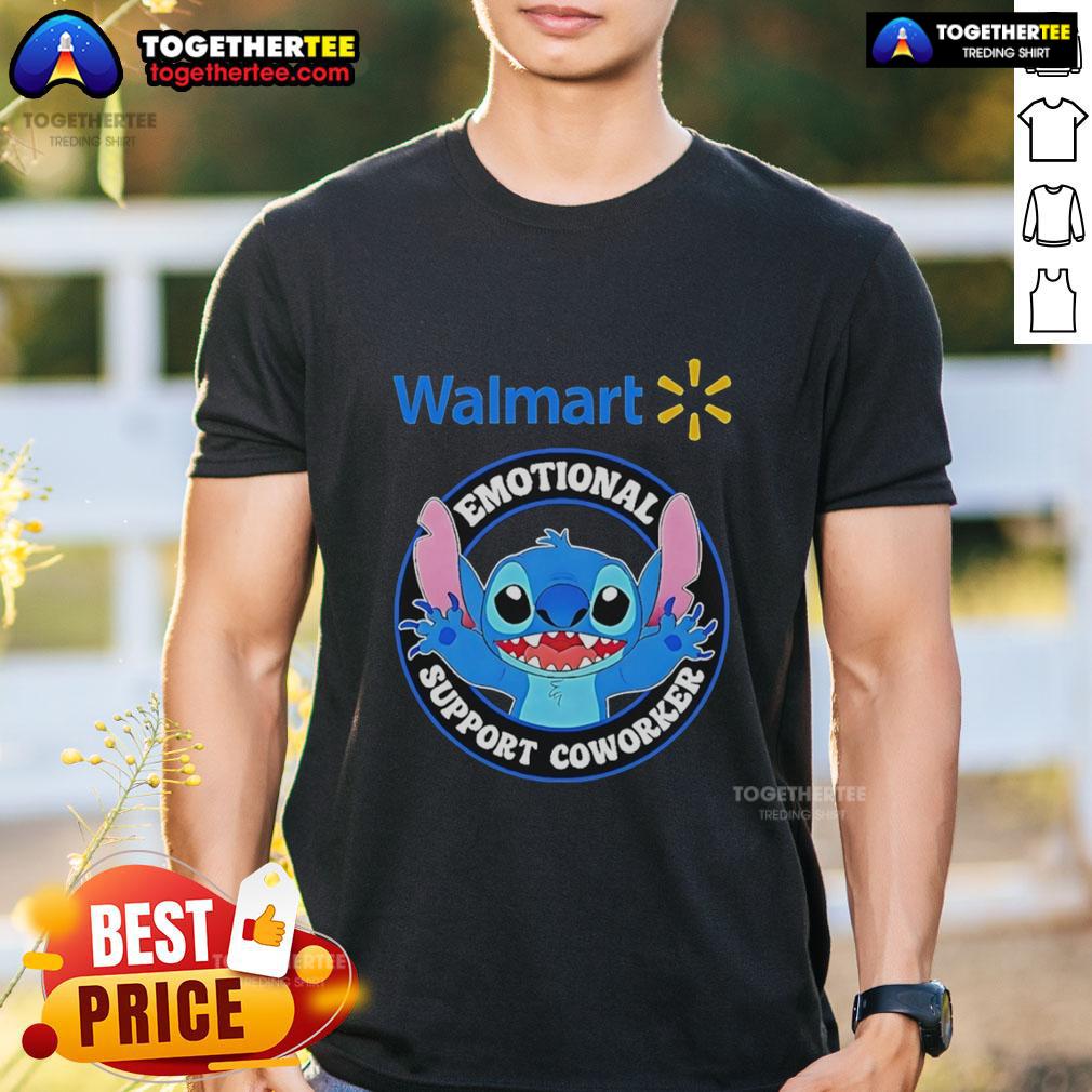 Official Happy Stitch Walmart Emotional Support Coworker T Shirt Alt Text: Official Happy Stitch Walmart Emotional Support Coworker T-Shirt featuring a fun design and vibrant colors for comfort.