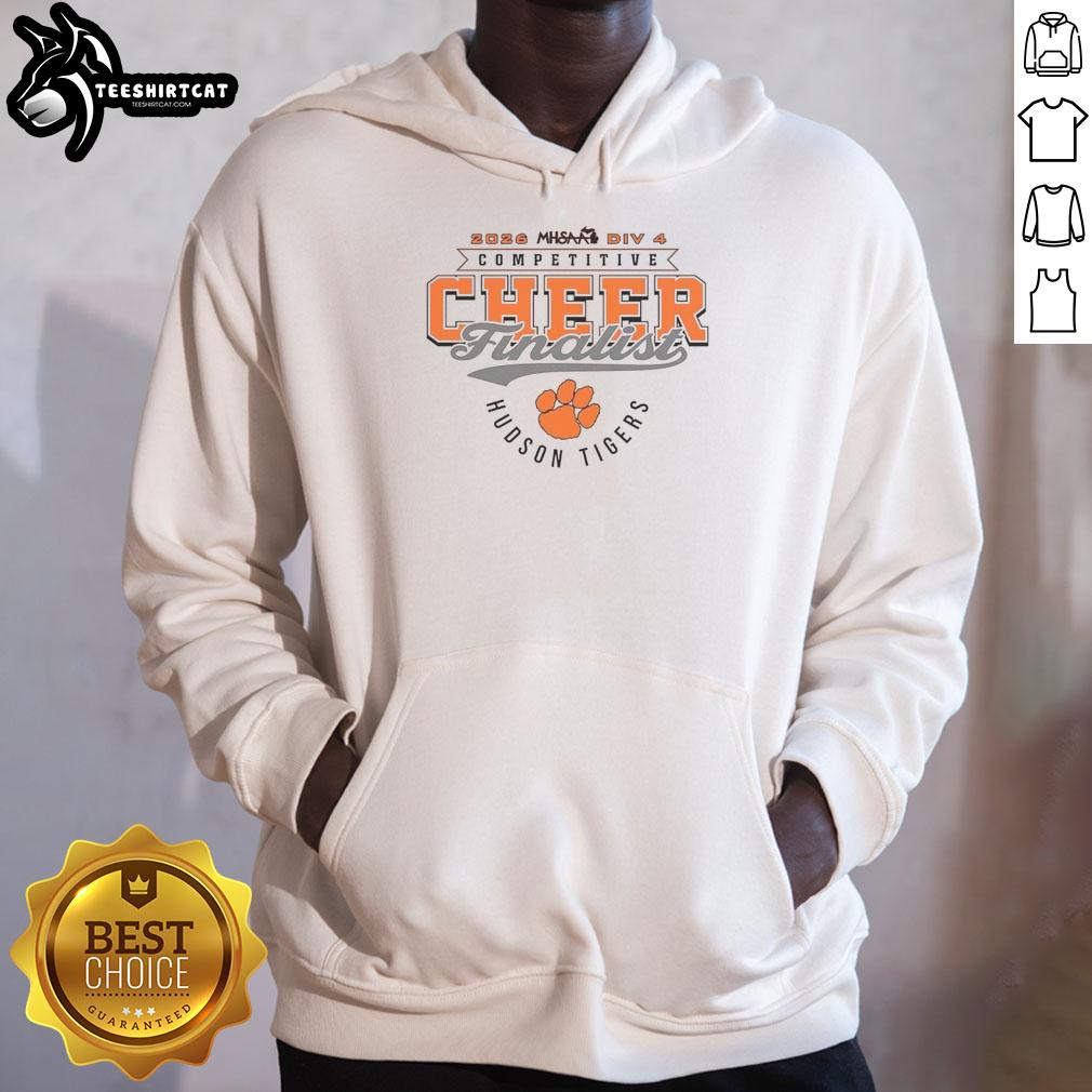 official-hudson-tigers-2026-mhsaa-cheer-division-4-finalist-hoodie Official Hudson Tigers 2026 MHSAA Cheer Division 4 Finalist hoodie in vibrant team colors, perfect for fans and supporters.