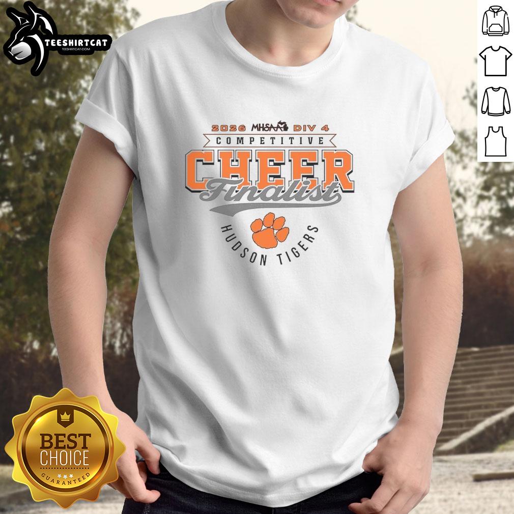 official-hudson-tigers-2026-mhsaa-cheer-division-4-finalist-t-shirt-1 Alt Text: Official Hudson Tigers 2026 MHSAA Cheer Division 4 Finalist T-Shirt showcasing team spirit and championship pride.