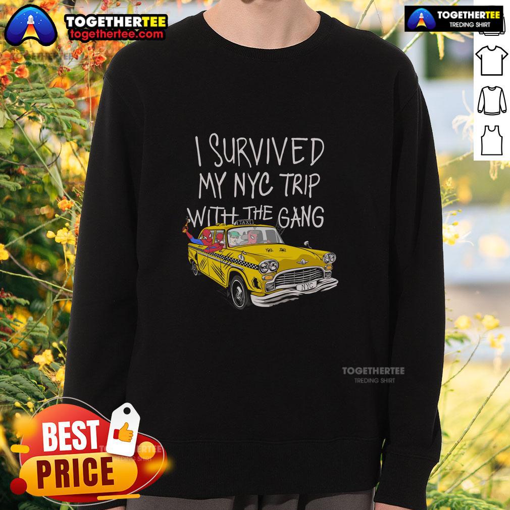 Official I Survived My Nyc Trip With The Gang Spider Perks Sweatshirt Group wearing 'I Survived My NYC Trip With The Gang' Spider Perks sweatshirt, showcasing fun urban adventure style.