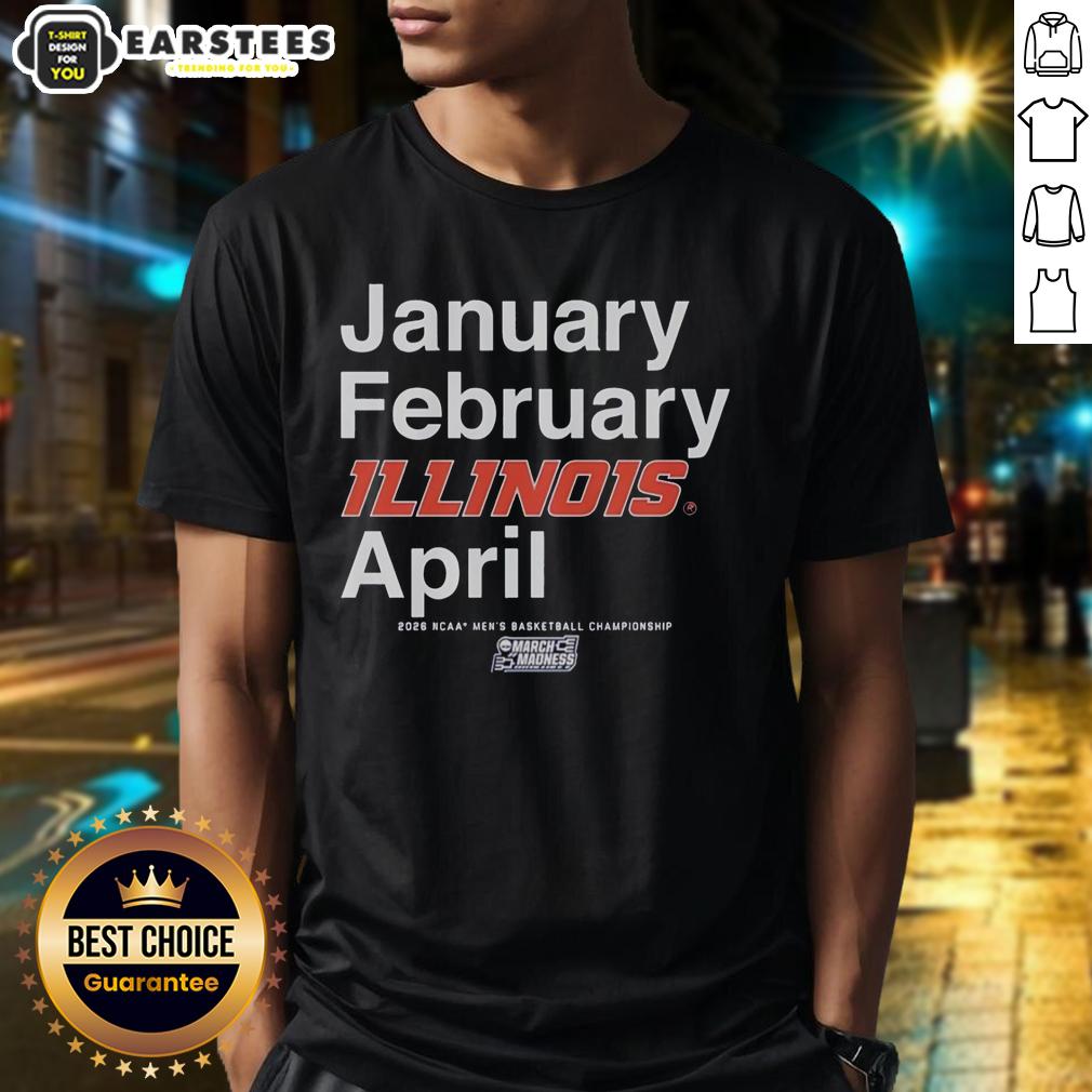 official-illinois-fighting-illini-january-february-april-ncaa-mens-basketball-championship-march-madness-t-shirt Illinois Fighting Illini NCAA Men's Basketball Championship T-Shirt featuring March Madness design for January to April.