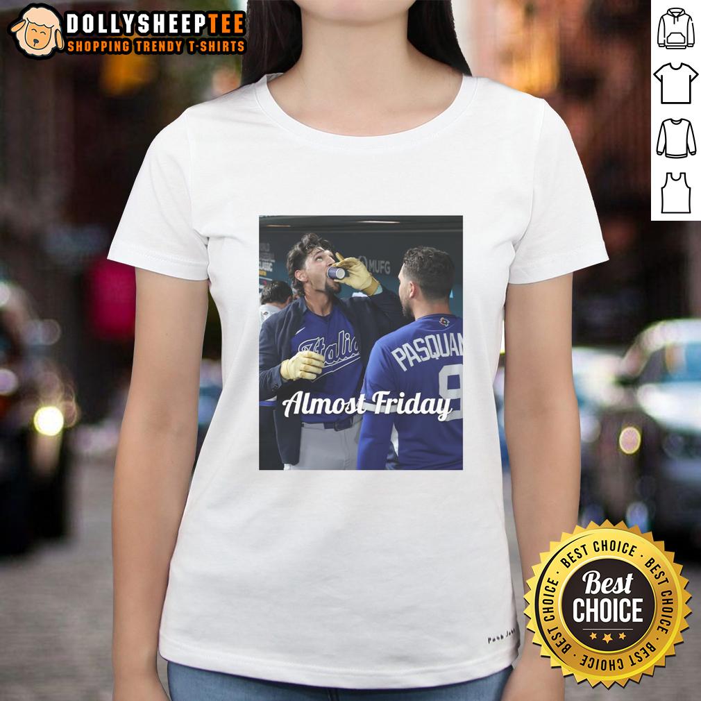 Official Jac Caglianone Of Kansas City Royalsdrinking Espresso In Dugout Zone Almost Friday Ladies-Tee Jac Caglianone of Kansas City Royals enjoying espresso in the dugout zone, promoting Almost Friday Ladies Tee.