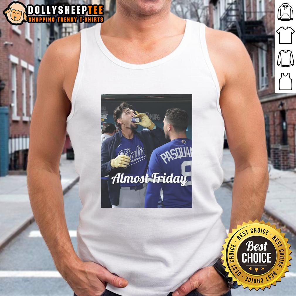Official Jac Caglianone Of Kansas City Royalsdrinking Espresso In Dugout Zone Almost Friday Tank Top Jac Caglianone of the Kansas City Royals enjoying espresso in the dugout, wearing 'Almost Friday' tank top.