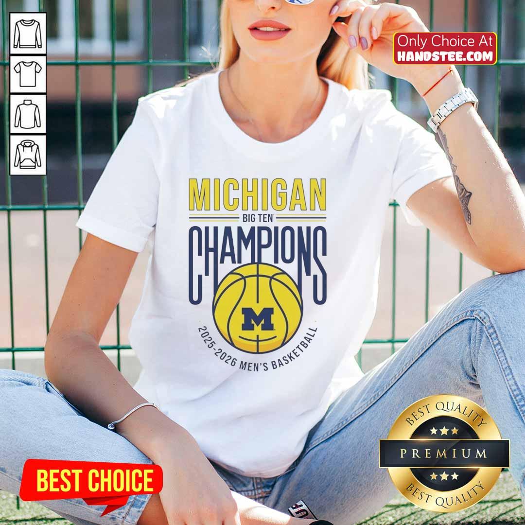 official-michigan-wolverines-2025-2026-big-ten-regular-season-champions-ladies-tee Official Michigan Wolverines 2025-2026 Big Ten Regular Season Champions ladies tee in navy blue with team logo.