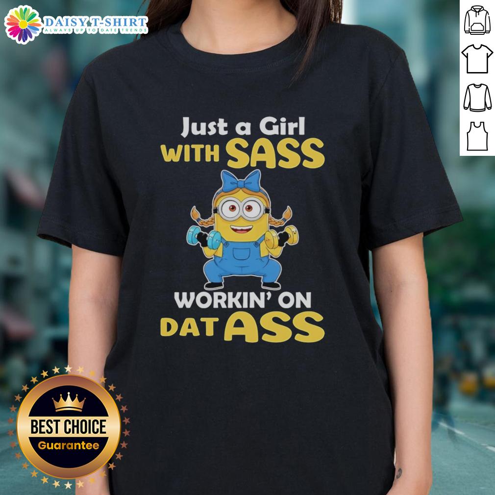 Official Minion Weightlifting Just A Girl With Sass Working' On Dat Ass Ladies-Tee Official Minion weightlifting tee for women, featuring a sassy design that celebrates fitness and empowerment.